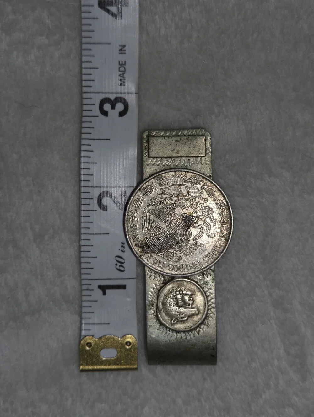 Vintage Mexican Money Clip 1957 One Peso/Native Warrior Head Motif Alpaca Silver